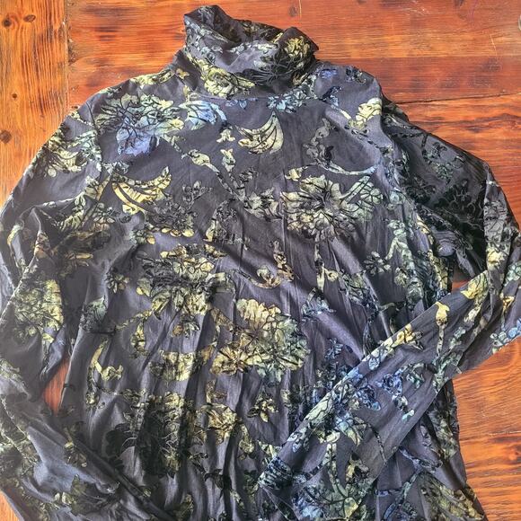 Vtg Sno Skins Green Blue Velvet Burnout Floral Long Sleeve Turtleneck Sz L - Picture 3 of 5